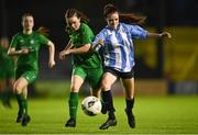 14 August 2022; Rhia Stone of Salthill Devon in action against Ashling Cummins of Claremorris AFC during the FAI Women’s U17 Cup Final match between Salthill Devon FC and Claremorris FC at Eamon Deacy Park in Galway. Photo by Harry Murphy/Sportsfile