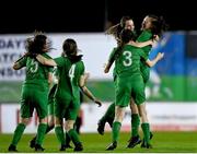 14 August 2022; Bree Hession of Claremorris AFC, right, celebrates with teammates after scoring her side's first goal during the FAI Women’s U17 Cup Final match between Salthill Devon FC and Claremorris FC at Eamon Deacy Park in Galway. Photo by Harry Murphy/Sportsfile
