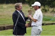14 August 2022; Former Taoiseach and former leader of Fine Gael Enda Kenny presents the trophy to Ewen Ferguson of Scotland after the ISPS HANDA World Invitational at Galgorm Castle and Massereene Golf Clubs in Ballymena, Antrim. Photo by John Dickson/Sportsfile
