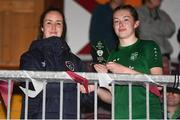 14 August 2022; Player of the match Bree Hession of Claremorris AFC is presented her award by Galway City development officer Emer Flatley after the FAI Women’s U17 Cup Final match between Salthill Devon FC and Claremorris FC at Eamon Deacy Park in Galway. Photo by Harry Murphy/Sportsfile