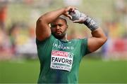 15 August 2022; Eric Favors of Ireland prepares to compete in the Men's Shot Put Qualification during day 5 of the European Championships 2022 at the Olympiastadion in Munich, Germany. Photo by Ben McShane/Sportsfile