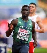 15 August 2022; Israel Olatunde of Ireland celebrates after winning his Men's 100m heat during day 5 of the European Championships 2022 at the Olympiastadion in Munich, Germany. Photo by Ben McShane/Sportsfile