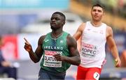 15 August 2022; Israel Olatunde of Ireland celebrates after winning his Men's 100m heat during day 5 of the European Championships 2022 at the Olympiastadion in Munich, Germany. Photo by Ben McShane/Sportsfile