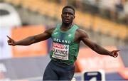 15 August 2022; Israel Olatunde of Ireland celebrates after winning his Men's 100m heat during day 5 of the European Championships 2022 at the Olympiastadion in Munich, Germany. Photo by Ben McShane/Sportsfile