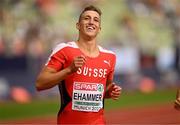 15 August 2022; Simon Ehammer of Switzerland celebrates after winning his Men's Decathlon 100m heat during day 5 of the European Championships 2022 at the Olympiastadion in Munich, Germany. Photo by Ben McShane/Sportsfile