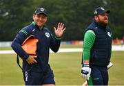 15 August 2022; Ireland batting coach Gary Wilson, left, and Paul Stirling of Ireland before the Men's T20 International match between Ireland and Afghanistan at Stormont in Belfast. Photo by Ramsey Cardy/Sportsfile