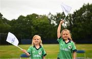 15 August 2022; Ireland supporters, 4 year old Adalie, left, and 6 year old Elliana Lynn, before the Men's T20 International match between Ireland and Afghanistan at Stormont in Belfast. Photo by Ramsey Cardy/Sportsfile