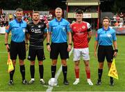 14 August 2022; Match officials and players, from left, assistant referee Darren Carey, Sligo Rovers captain Adam McDonnell, referee Ben Connolly, St Patrick's Athletic captain Joe Redmond and assistant referee Michelle O'Neill before the SSE Airtricity League Premier Division match between St Patrick's Athletic and Sligo Rovers at Richmond Park in Dublin. Photo by Seb Daly/Sportsfile