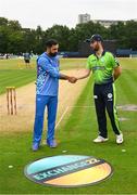 15 August 2022; Ireland captain Andrew Balbirnie and Afghanistan captain Mohammad Nabi before the Men's T20 International match between Ireland and Afghanistan at Stormont in Belfast. Photo by Ramsey Cardy/Sportsfile