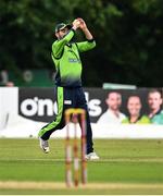 15 August 2022; Andrew Balbirnie of Ireland dismisses Mohammad Nabi of Afghanistan during the Men's T20 International match between Ireland and Afghanistan at Stormont in Belfast. Photo by Ramsey Cardy/Sportsfile