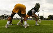 15 August 2022; Aaron Hill, right, and Rron Harari of Australia warm up prior to the 2022 World Lacrosse Men's U21 World Championship - Pool A match between Australia and USA at University of Limerick. Photo by Tom Beary/Sportsfile
