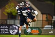 15 August 2022; Alex Slusher celebrates after scoring a goal with Lance Tillman of USA during the 2022 World Lacrosse Men's U21 World Championship - Pool A match between Australia and USA at University of Limerick. Photo by Tom Beary/Sportsfile