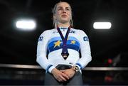 15 August 2022; Emma Hinze of Germany with her gold medal, during the playing of her national anthem, after winning the Women's Sprint Final during day 5 of the European Championships 2022 at Messe Munchen in Munich, Germany. Photo by Ben McShane/Sportsfile