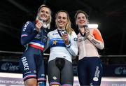 15 August 2022; Medalists, from left, Mathilde Gros of France, silver, Emma Hinze of Germany, gold, and Laurine van Riessen of Netherlands after Women's Sprint Final during day 5 of the European Championships 2022 at Messe Munchen in Munich, Germany. Photo by Ben McShane/Sportsfile