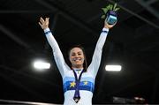15 August 2022; Rachele Barbieri of Italy celebrates with her gold medal after winning the Women's Omnium during day 5 of the European Championships 2022 at Messe Munchen in Munich, Germany. Photo by Ben McShane/Sportsfile