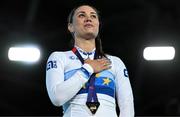 15 August 2022; Rachele Barbieri of Italy with her gold medal, during the playing of her national anthem, after winning the Women's Omnium during day 5 of the European Championships 2022 at Messe Munchen in Munich, Germany. Photo by Ben McShane/Sportsfile