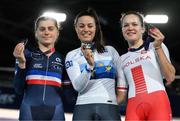 15 August 2022; Medalists, from left, Clara Copponi of France, silver, Rachele Barbieri of Italy, gold, and Daria Pikulik of Poland, bronze, after the Women's Omnium during day 5 of the European Championships 2022 at Messe Munchen in Munich, Germany. Photo by Ben McShane/Sportsfile