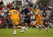 15 August 2022; Jake Naso of USA during in action against Harry Gibson, left, and Brock Govori of Australia the 2022 World Lacrosse Men's U21 World Championship - Pool A match between Australia and USA at University of Limerick. Photo by Tom Beary/Sportsfile