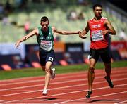 16 August 2022; Christopher O'Donnell of Ireland, left, and Ricky Petrucciani of Switzerland competing in the Men's 400m semi-final during day 6 of the European Championships 2022 at the Olympiastadion in Munich, Germany. Photo by David Fitzgerald/Sportsfile