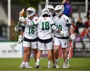 16 August 2022; Ireland players celebrate following the 2022 World Lacrosse Men's U21 World Championship - Play-in match between Ireland and Czech Republic at the University of Limerick in Limerick. Photo by Tom Beary/Sportsfile