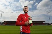 18 August 2022; Aidan Keena of Sligo Rovers receives the SSE Airtricity / SWI Player of the Month for July 2022 at The Showgrounds in Sligo. Photo by Ramsey Cardy/Sportsfile