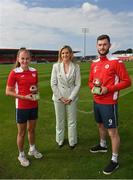 18 August 2022; SSE Airtricity Sponsorship and Marketing Manager, Leanne Sheill, presents the SSE Airtricity Women's National League Player of the Month for June/July 2022 to Emma Doherty of Sligo Rovers, and the SSE Airtricity / SWI Player of the Month for July 2022 to Aidan Keena of Sligo Rovers, at The Showgrounds in Sligo. Photo by Ramsey Cardy/Sportsfile