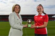 18 August 2022; SSE Airtricity Sponsorship and Marketing Manager, Leanne Sheill, presents the SSE Airtricity Women's National League Player of the Month for June/July 2022 to Emma Doherty of Sligo Rovers at The Showgrounds in Sligo. Photo by Ramsey Cardy/Sportsfile