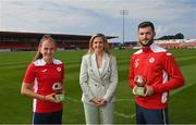 18 August 2022; SSE Airtricity Sponsorship and Marketing Manager, Leanne Sheill, presents the SSE Airtricity Women's National League Player of the Month for June/July 2022 to Emma Doherty of Sligo Rovers, and the SSE Airtricity / SWI Player of the Month for July 2022 to Aidan Keena of Sligo Rovers, at The Showgrounds in Sligo. Photo by Ramsey Cardy/Sportsfile
