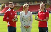 18 August 2022; SSE Airtricity Sponsorship and Marketing Manager, Leanne Sheill, presents the SSE Airtricity Women's National League Player of the Month for June/July 2022 to Emma Doherty of Sligo Rovers, and the SSE Airtricity / SWI Player of the Month for July 2022 to Aidan Keena of Sligo Rovers, at The Showgrounds in Sligo. Photo by Ramsey Cardy/Sportsfile