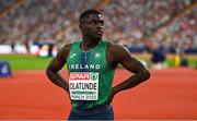 16 August 2022; Israel Olatunde of Ireland reacts after finishing second in the men's 100m semi-final, where he qualified for the final, during day 6 of the European Championships 2022 at the Olympiastadion in Munich, Germany. Photo by Ben McShane/Sportsfile