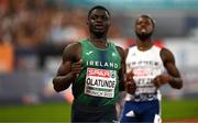 16 August 2022; Israel Olatunde of Ireland reacts after finishing second in the men's 100m semi-final, where he qualified for the final, during day 6 of the European Championships 2022 at the Olympiastadion in Munich, Germany. Photo by Ben McShane/Sportsfile