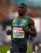 16 August 2022; Israel Olatunde of Ireland after finishing second in the men's 100m semi-final, where he qualified for the final, during day 6 of the European Championships 2022 at the Olympiastadion in Munich, Germany. Photo by Ben McShane/Sportsfile