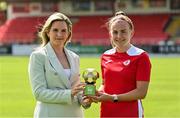 18 August 2022; SSE Airtricity Sponsorship and Marketing Manager, Leanne Sheill, presents the SSE Airtricity Women's National League Player of the Month for June/July 2022 to Emma Doherty of Sligo Rovers at The Showgrounds in Sligo. Photo by Ramsey Cardy/Sportsfile
