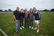 16 August 2022; At the Hurling for Cancer Research 2022 match at St Conleth's Park in Newbridge, Kildare, are, from left, former Republic of Ireland international Paul McGrath, jockey Rachael Blackmore, horse racing trainer Jim Bolger, former WBA super bantamweight world champion Bernard Dunne and jockey Davy Russell. Photo by Stephen McCarthy/Sportsfile