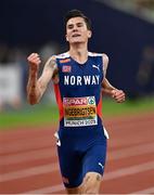 16 August 2022; Jakob Ingebrigtsen of Norway celebrates winning the men's 5000m final during day 6 of the European Championships 2022 at the Olympiastadion in Munich, Germany. Photo by Ben McShane/Sportsfile