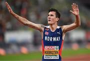 16 August 2022; Jakob Ingebrigtsen of Norway celebrates winning the men's 5000m final during day 6 of the European Championships 2022 at the Olympiastadion in Munich, Germany. Photo by Ben McShane/Sportsfile