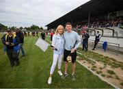 16 August 2022; RTÉ's Miriam O'Callaghan and Kilkenny hurler TJ Reid during the Hurling for Cancer Research 2022 match at St Conleth's Park in Newbridge, Kildare. Photo by Stephen McCarthy/Sportsfile