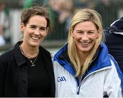 16 August 2022; Umpires Rachael Blackmore, left, and Nina Carberry during the Hurling for Cancer Research 2022 match at St Conleth's Park in Newbridge, Kildare. Photo by Stephen McCarthy/Sportsfile