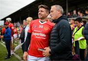 16 August 2022; Liam Cahill, selector with Jim Bolger's Stars, and Johnny B of Davy Russell's Best during the Hurling for Cancer Research 2022 match at St Conleth's Park in Newbridge, Kildare. Photo by Stephen McCarthy/Sportsfile