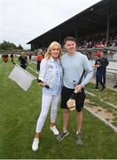 16 August 2022; RTÉ's Miriam O'Callaghan and Kilkenny hurler TJ Reid during the Hurling for Cancer Research 2022 match at St Conleth's Park in Newbridge, Kildare. Photo by Stephen McCarthy/Sportsfile