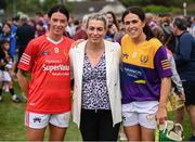 16 August 2022; Ashling Thompson of Davy Russell's Best, left, Ursula Jacob, selector with Davy Russell's Best, and Miriam Walsh of Jim Bolger's Stars, right, during the Hurling for Cancer Research 2022 match at St Conleth's Park in Newbridge, Kildare. Photo by Stephen McCarthy/Sportsfile