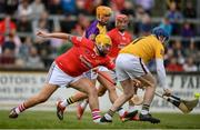 16 August 2022; Johnny Smack of Davy Russell's Best in action against Damien Fitzhenry of Jim Bolger's Stars during the Hurling for Cancer Research 2022 match at St Conleth's Park in Newbridge, Kildare. Photo by Stephen McCarthy/Sportsfile