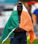 16 August 2022; Israel Olatunde of Ireland reacts after the men's 100m final, in which he ran a new Irish record of 10.17sec, during day 6 of the European Championships 2022 at the Olympiastadion in Munich, Germany.  Photo by Ben McShane/Sportsfile