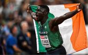 16 August 2022; Israel Olatunde of Ireland celebrates after the men's 100m final, in which he finished in a new Irish record of 10.17sec, during day 6 of the European Championships 2022 at the Olympiastadion in Munich, Germany.  Photo by Ben McShane/Sportsfile