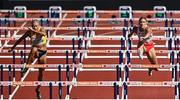 17 August 2022; The empty lane 5 for which Kate O'Connor of Ireland would have been competing in is seen as Bianca Salming of Sweden, left, and Paulina Ligarska of Poland compete in the Women's Heptathlon 100m hurdles during day 7 of the European Championships 2022 at the Olympiastadion in Munich, Germany. Photo by David Fitzgerald/Sportsfile