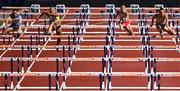 17 August 2022; The empty lane 5 for which Kate O'Connor of Ireland would have been competing in is seen as athletes, from left, Dorota Skrivanová of Czech Republic, Bianca Salming of Sweden, Paulina Ligarska of Poland and Yuliya Loban of Ukraine compete in the Women's Heptathlon 100m hurdles during day 7 of the European Championships 2022 at the Olympiastadion in Munich, Germany. Photo by David Fitzgerald/Sportsfile