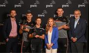 17 August 2022; Marie Coady, PwC Partner, GPA Chief Executive Tom Parsons, left, and Uachtarán Chumann Lúthchleas Gael Larry McCarthy, right, with PwC GAA/GPA Players of the Month for July/August, from left, Galway footballer Shane Walsh, PwC GPA Player of the Month ladies football Niamh O’Sullivan and Limerick hurler Gearóid Hegarty, with their awards at PwC offices in Dublin. Photo by Stephen McCarthy/Sportsfile