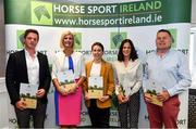 17 August 2022; In attendance during the launch of ‘The Business of Breeding’ Report are, from left, breeder Michael Doherty, Minister of State at the Department of Agriculture, Food and the Marine, Senator Pippa Hackett, Horse Sport Ireland head of breeding innovation and development Sonja Egan, Kinsealy Riding Centre yard manager Sarah Carey and breender John Carey, at the Clayton Hotel on Burlington Road in Dublin. Photo by Sam Barnes/Sportsfile