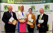 17 August 2022; In attendance during the launch of ‘The Business of Breeding’ Report are, from left, Horse Sport Ireland Chief Executive Officer Dennis Duggan, Minister of State at the Department of Agriculture, Food and the Marine,  Senator Pippa Hackett, Horse Sport Ireland head of breeding innovation and development Sonja Egan, and Horse Sport Ireland chairman Joe Reynolds at the Clayton Hotel on Burlington Road in Dublin. Photo by Sam Barnes/Sportsfile