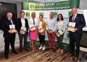 17 August 2022; In attendance during the launch of ‘The Business of Breeding’ Report are, from left, Horse Sport Ireland chief executive officer Dennis Duggan, breeder Michael Doherty, Minister of State at the Department of Agriculture, Food and the Marine, Senator Pippa Hackett, Horse Sport Ireland head of breeding innovation and development Sonja Egan, breeder John Carey, Kinsealy Riding Centre yard manager Sarah Carey, and Former Minister for Agriculture, Food and the Marine Ivan Yates at the Clayton Hotel on Burlington Road in Dublin. Photo by Sam Barnes/Sportsfile